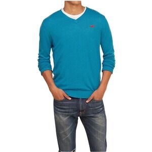Vintage Hollister Men's Large V-Neck Sweater Y2K Preppy Indie Teal Blue Icon